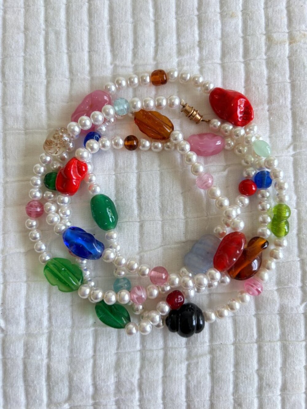 Vintage Glass Bead Necklace Faux Pearl Multicolor Art Glass Statement 21"